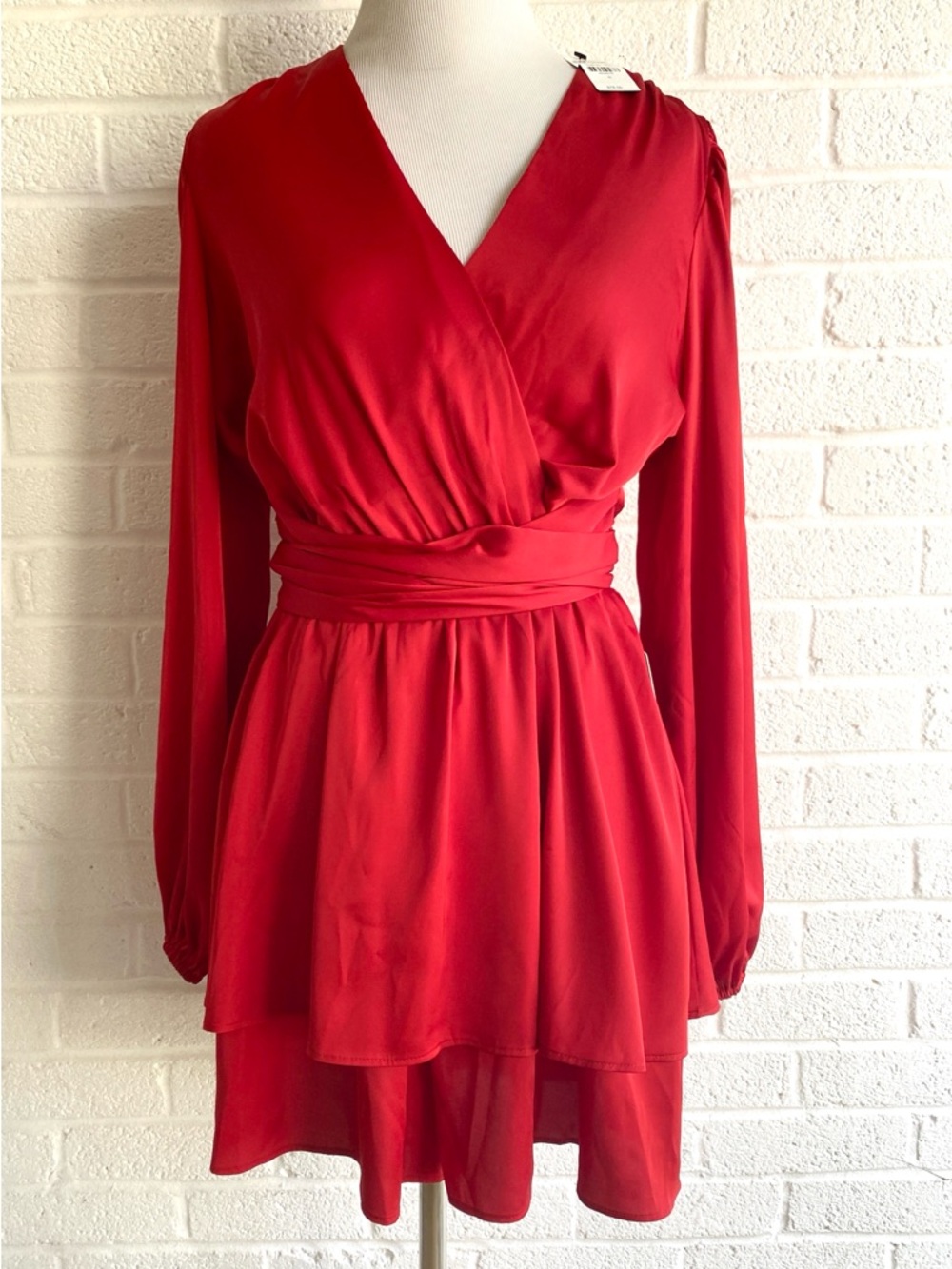 EXPRESS Romper Dress Red Ruffle Long Sleeve Tie Waist Small Summer Wedding Guest